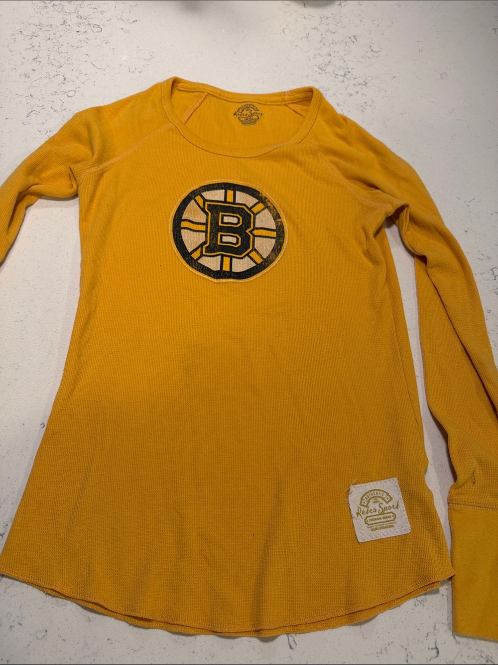 Reebok Women's Long Sleeve Tee in Gold with Boston 'B' Patch